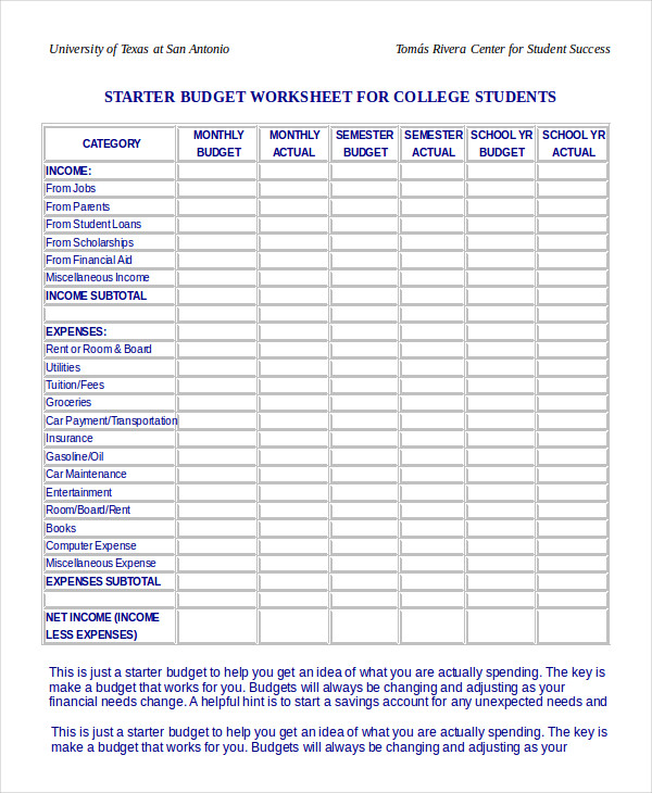 Budget Worksheet for College Students