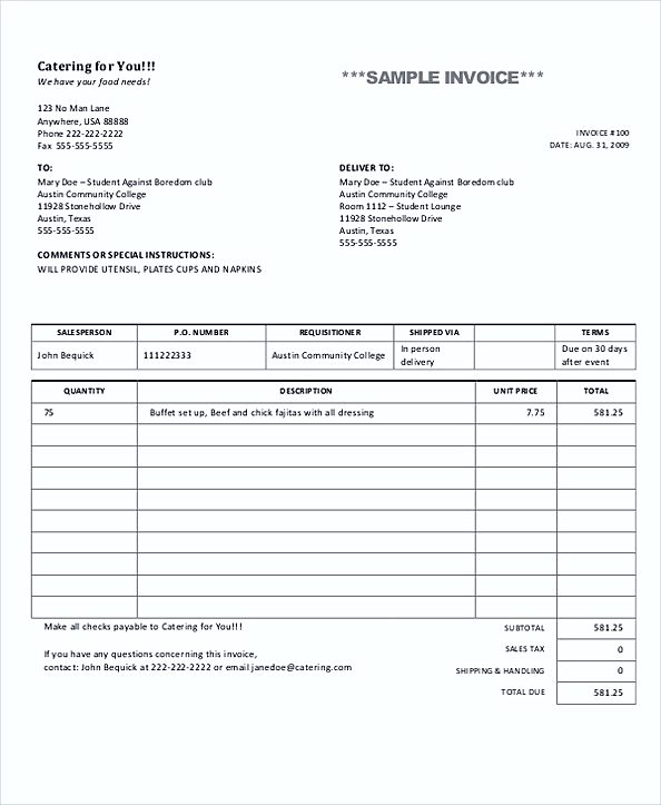 Example of Catering Invoice