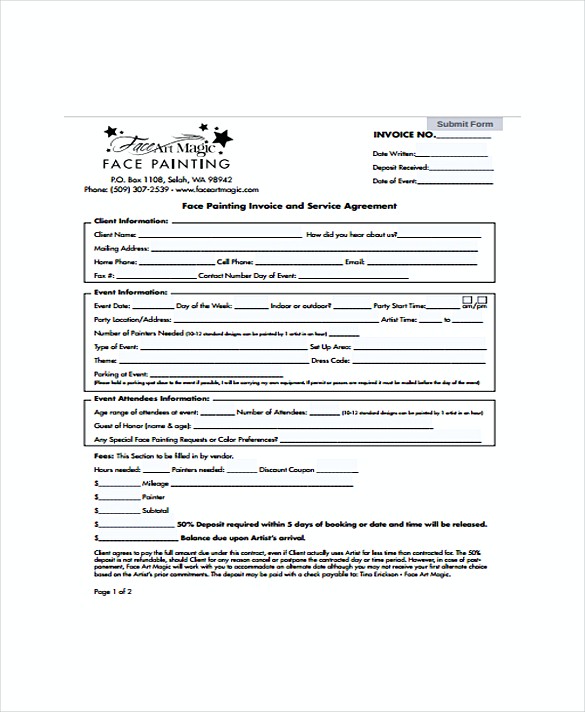 Face Painting Invoice and Service Agreement