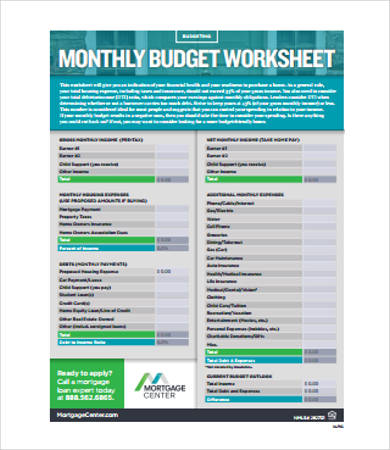 Home Monthly Budget Worksheet