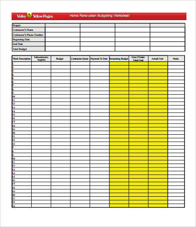 Home Renovation Budget Worksheet