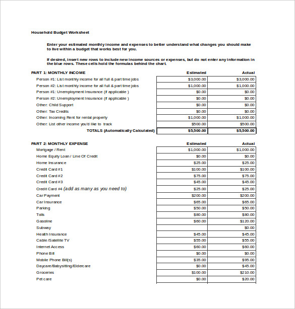 Household Budget Spread Sheet Excel Template Free