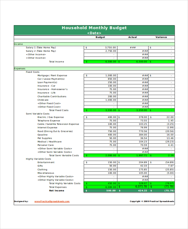 Monthly Household Budget Spreadsheet