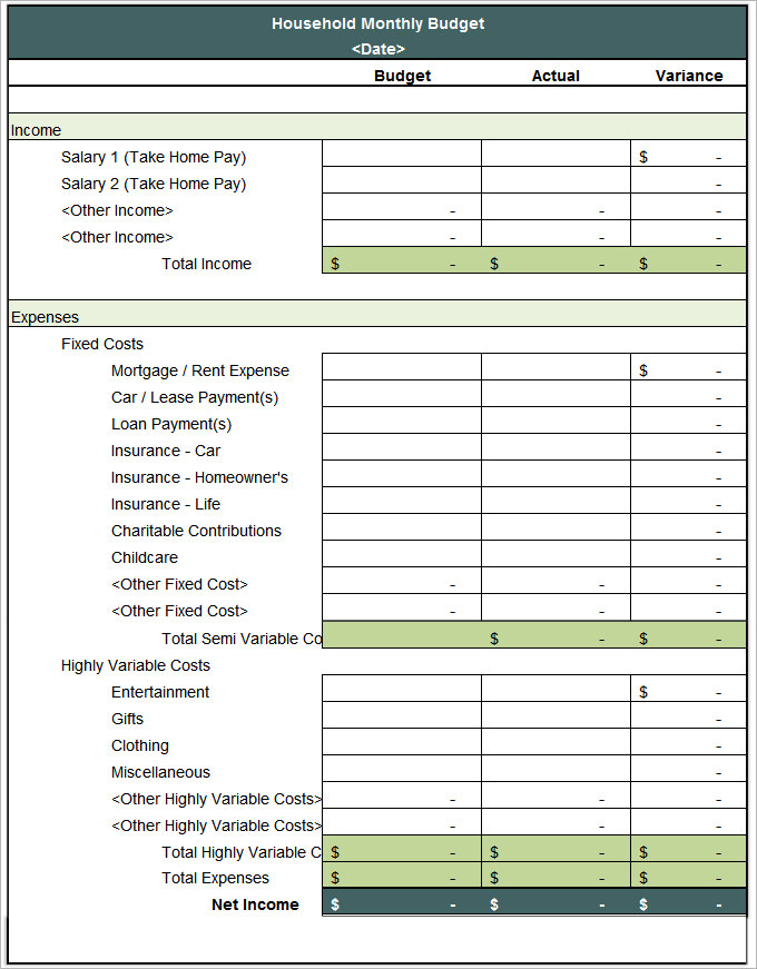 monthly expenses budget template