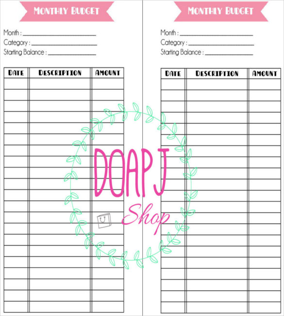 Printable Personal Planner Insert Monthly Budget