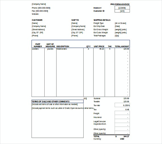 Proforma Invoice templates XLS Format