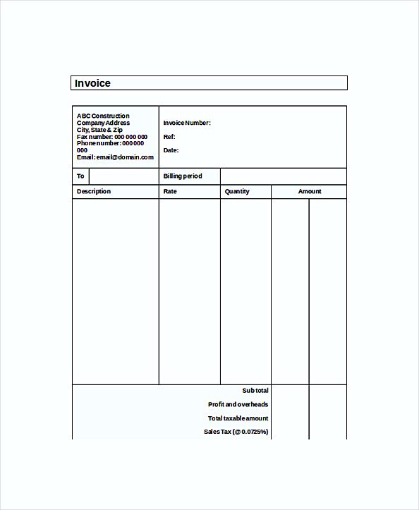 Self Employed Construction Invoice templates