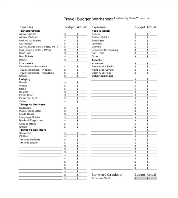Travel Budget WorksheetFormat