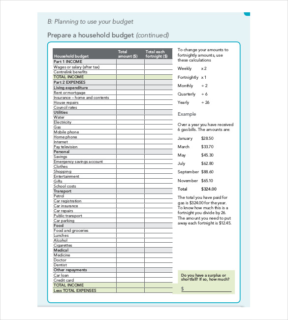 household budget template printable