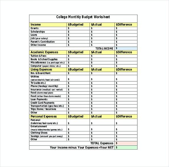 monthly college budget template