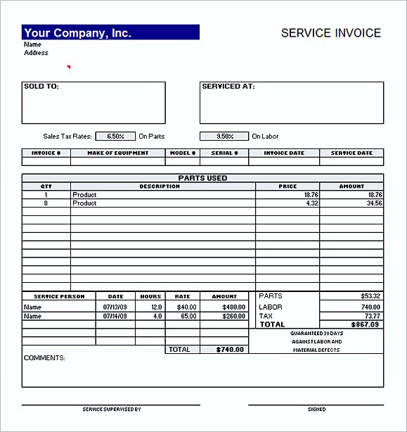 simple Free Service Invoice templates Sample