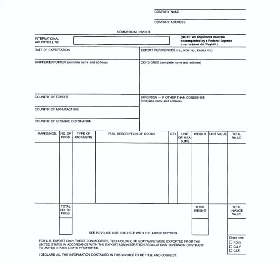 simple MIcrosoft Commercial Invoice Free PDF templates