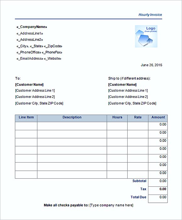 simple Microsoft Hourly Service Invoice templates Word 2015