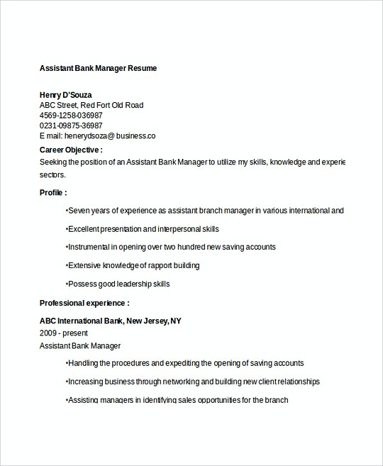 Assistant Bank Manager resume template
