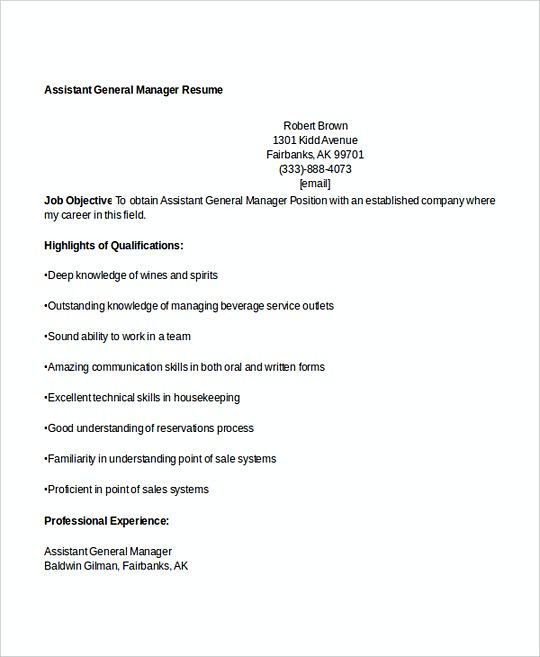 Assistant General Manager resume template