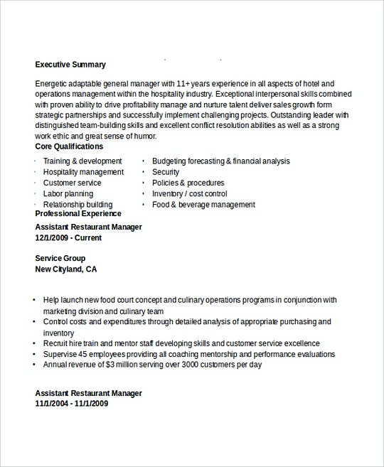 Assistant Restaurant Manager resume template