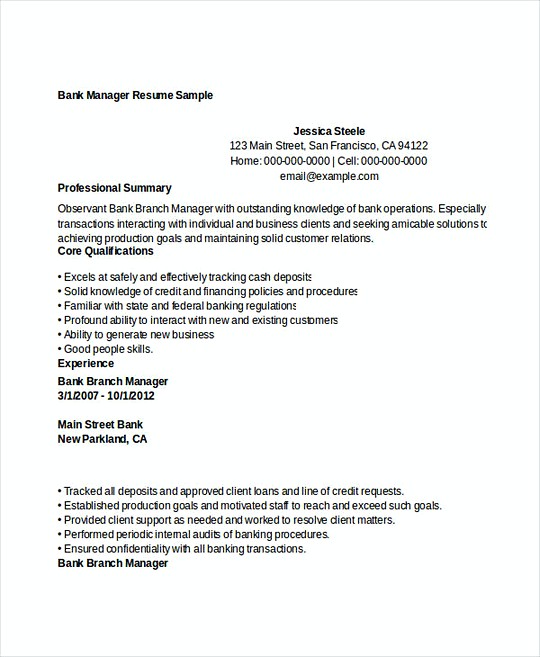 Bank Manager resume template Sample