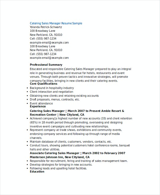 Catering Sales Manager resume template