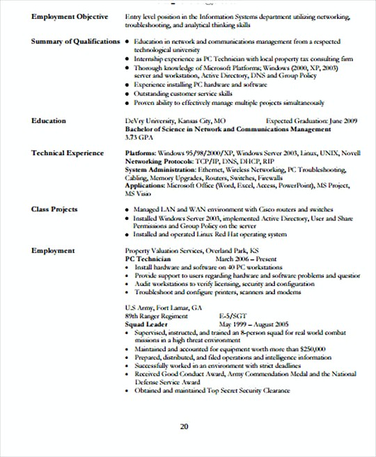 Entry Level IT Networking resume template