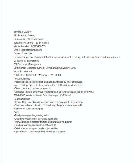 Hotel Sales Manager resume template