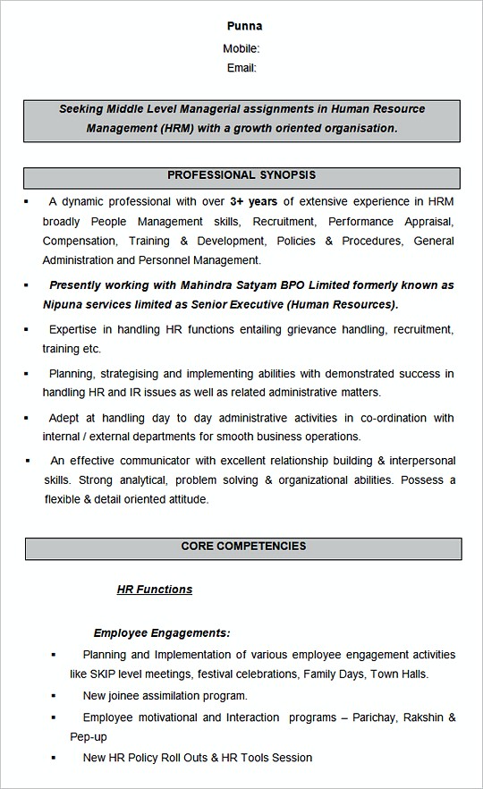 Human Resource Management Sample resume template
