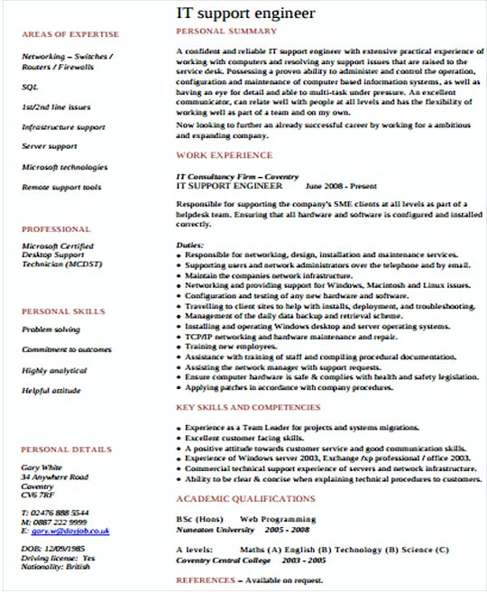 IT System Engineer resume template