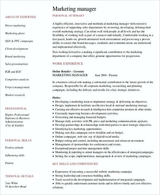 Marketing Manager resume template Sample