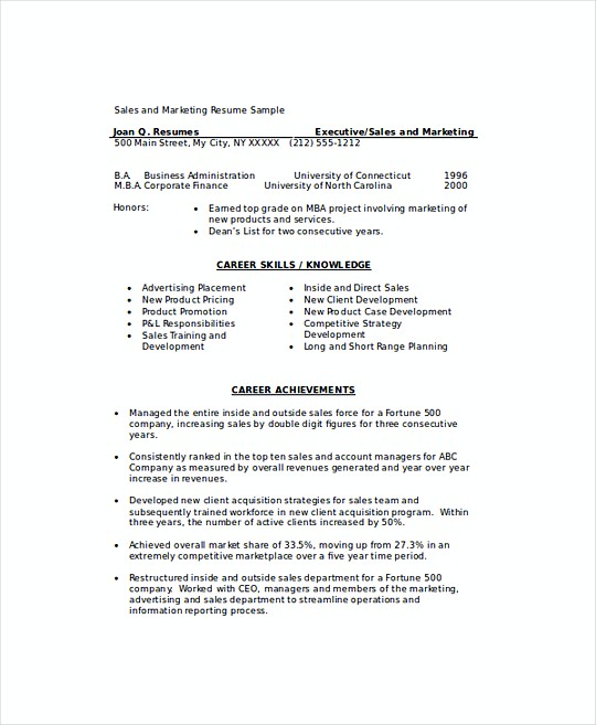 Marketing Sales Manager resume template