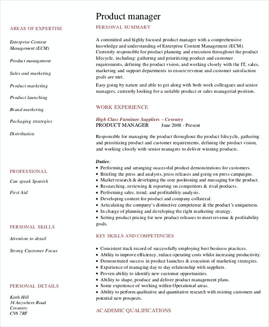 Product Marketing Manager resume template