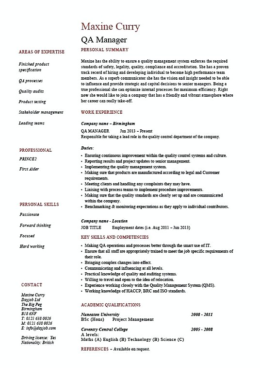 quality control manager resume