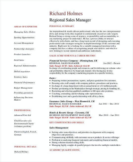 Regional Sales Manager resume template