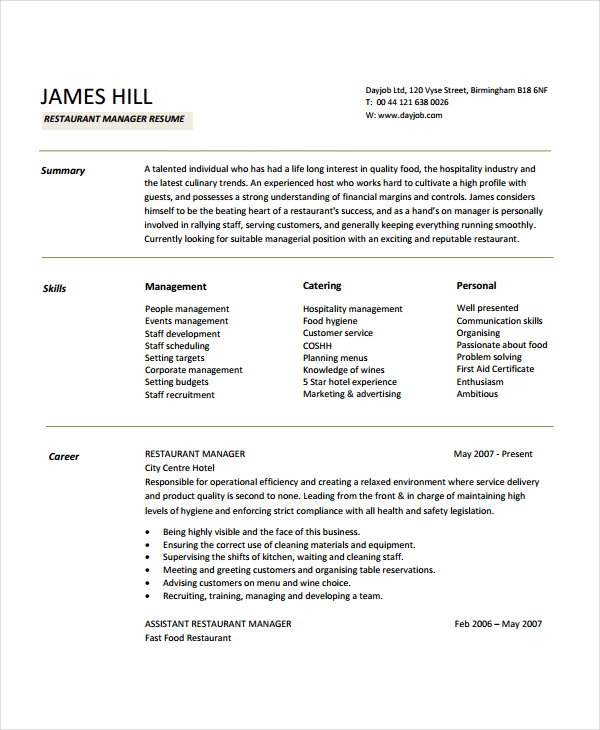 Restaurant Manager Resume Sample