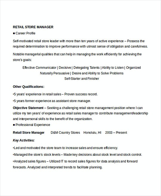 Retail Store Manager resume template