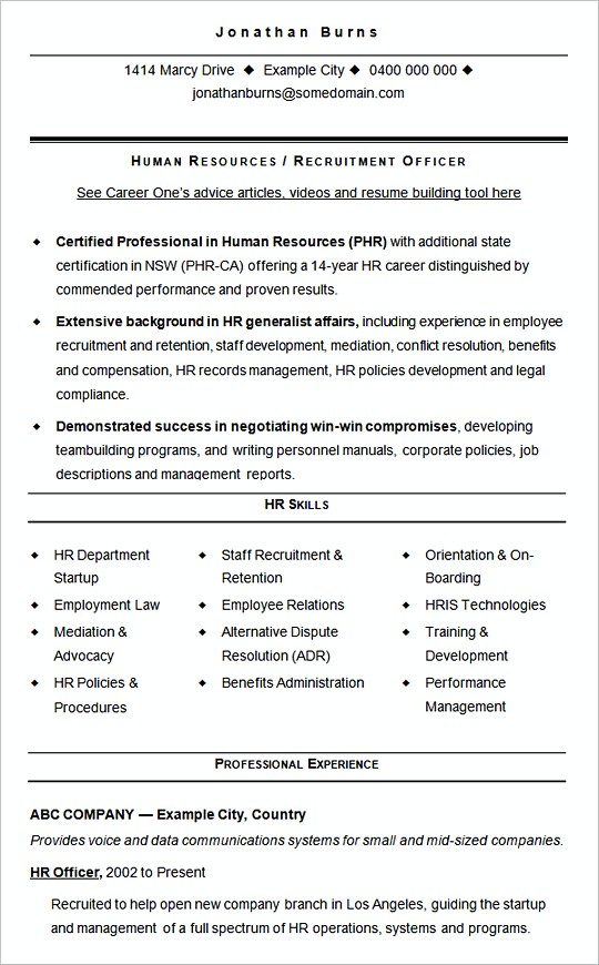 Sample CV Template HR Recruitment