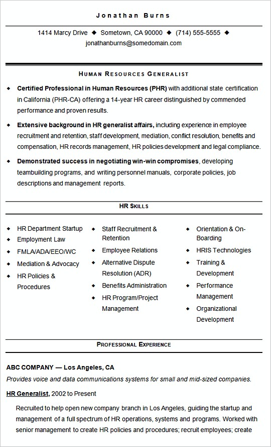 Sample resume template HR Generalist Template