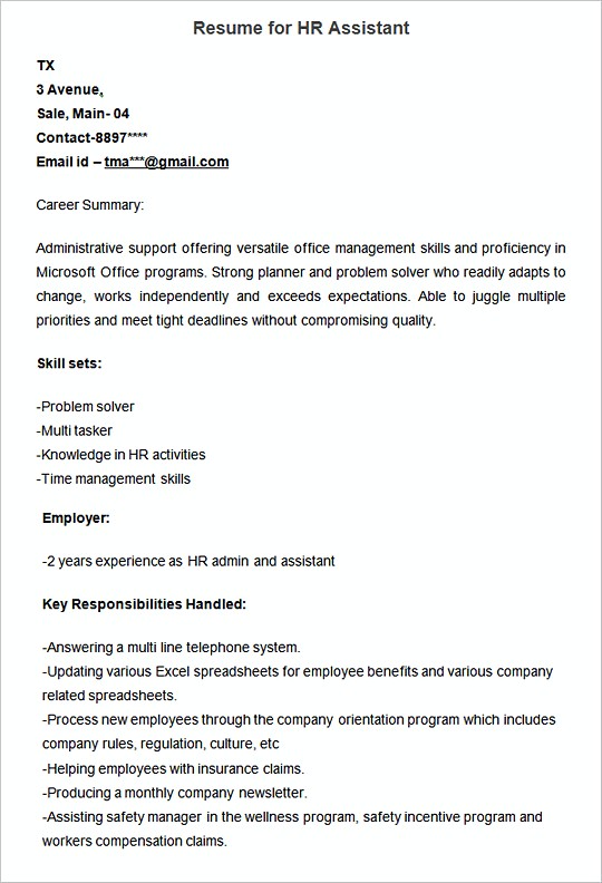 Sampleresume template for HR Assistant