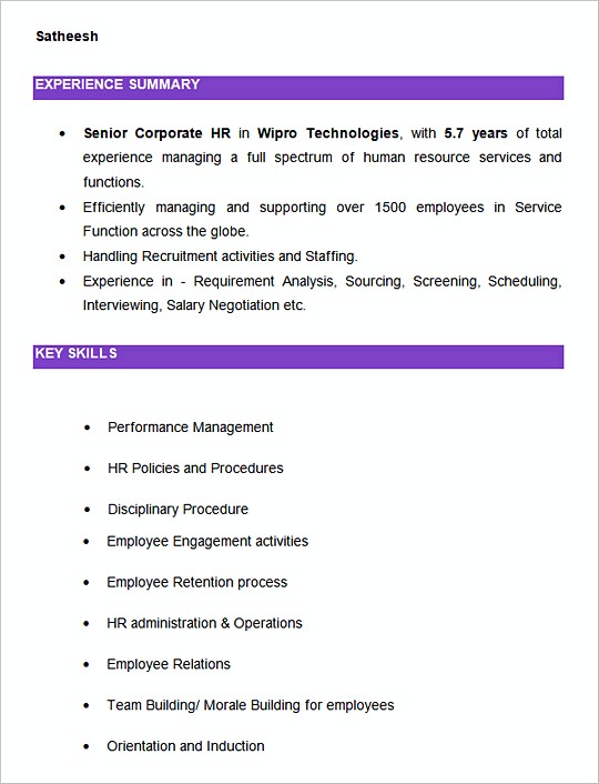 Senior Corporate HR resume template Example