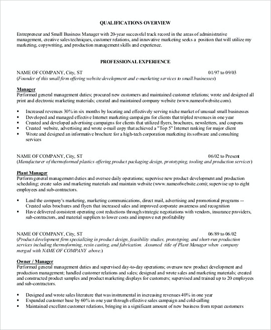 Small Business Manager resume template
