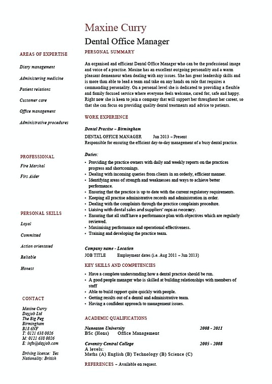 dental office manager resume template