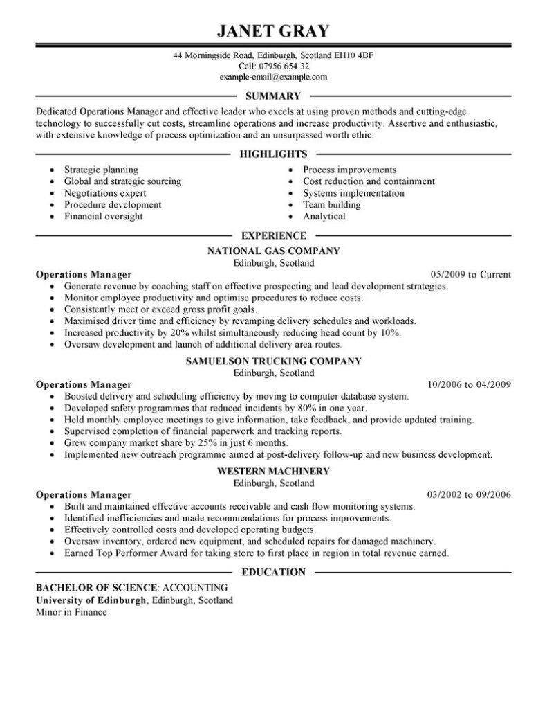 Executive Summary For Operations Management Resume