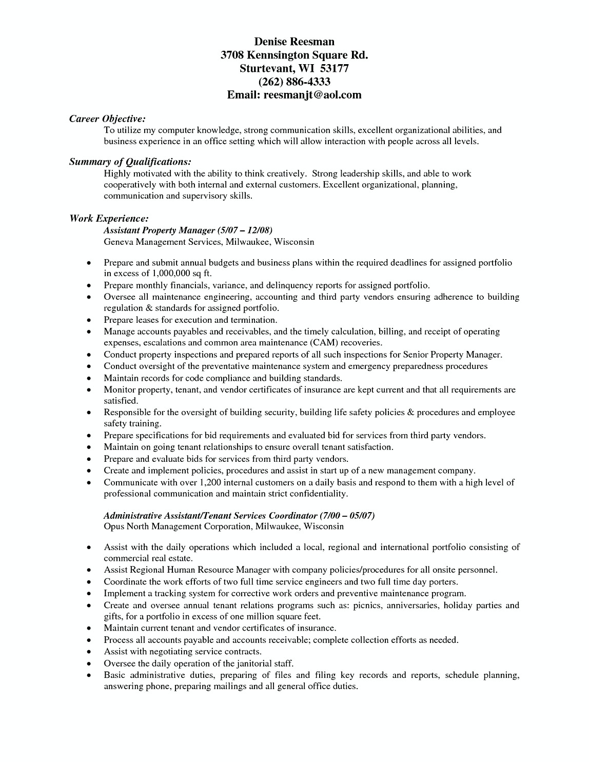 sample of commercial property manager resume