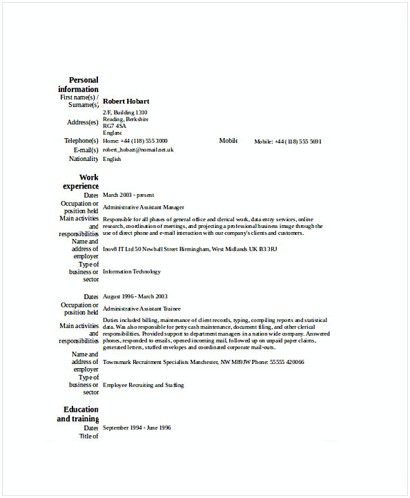 Administration Assistant Manager Resume
