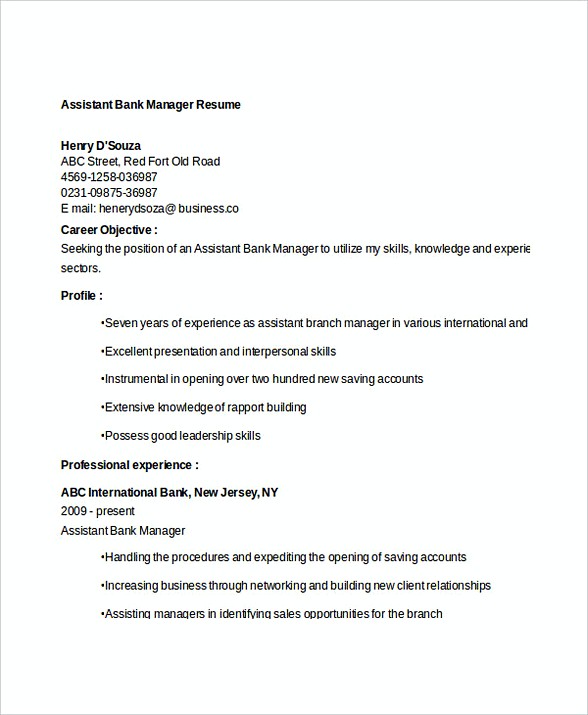 Assistant Bank Manager Resume