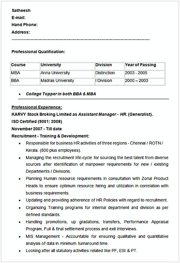 Assistant Manager HR Resume Example