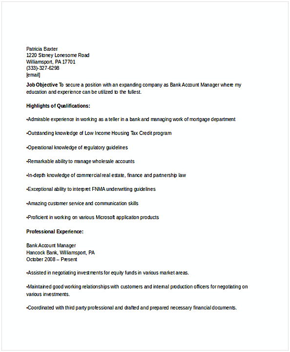 Bank Account Manager Resume