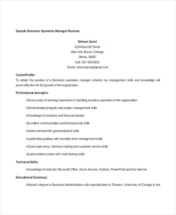 Business Operations Manager Resume