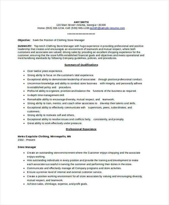 Clothing Store Manager Resume 2