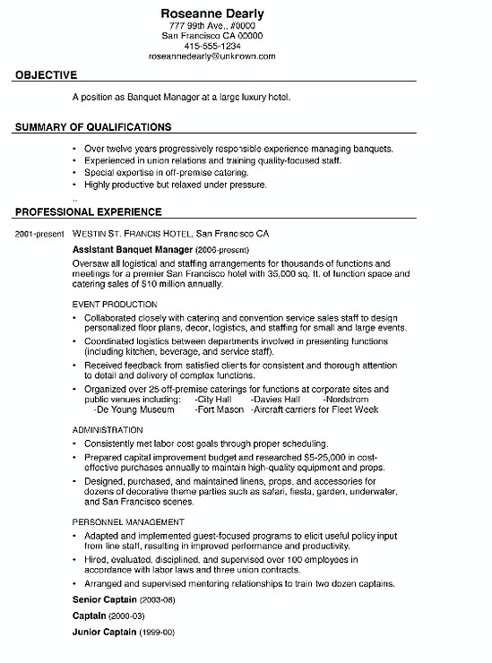 Combination Resume Sample Banquet Manager