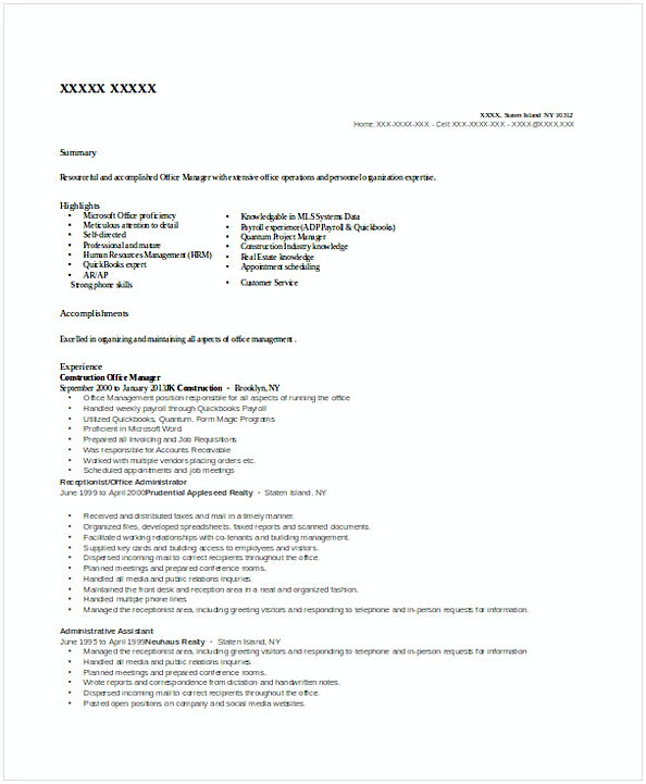 Construction Office Manager Resume