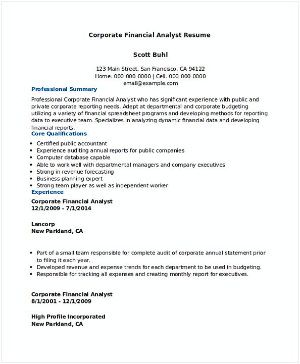Corporate Financial Analyst Resume Sample 1